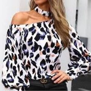 Shein Womens Tops Off Shoulder Tops Leopard Balloon Sleeves Black Cream Large